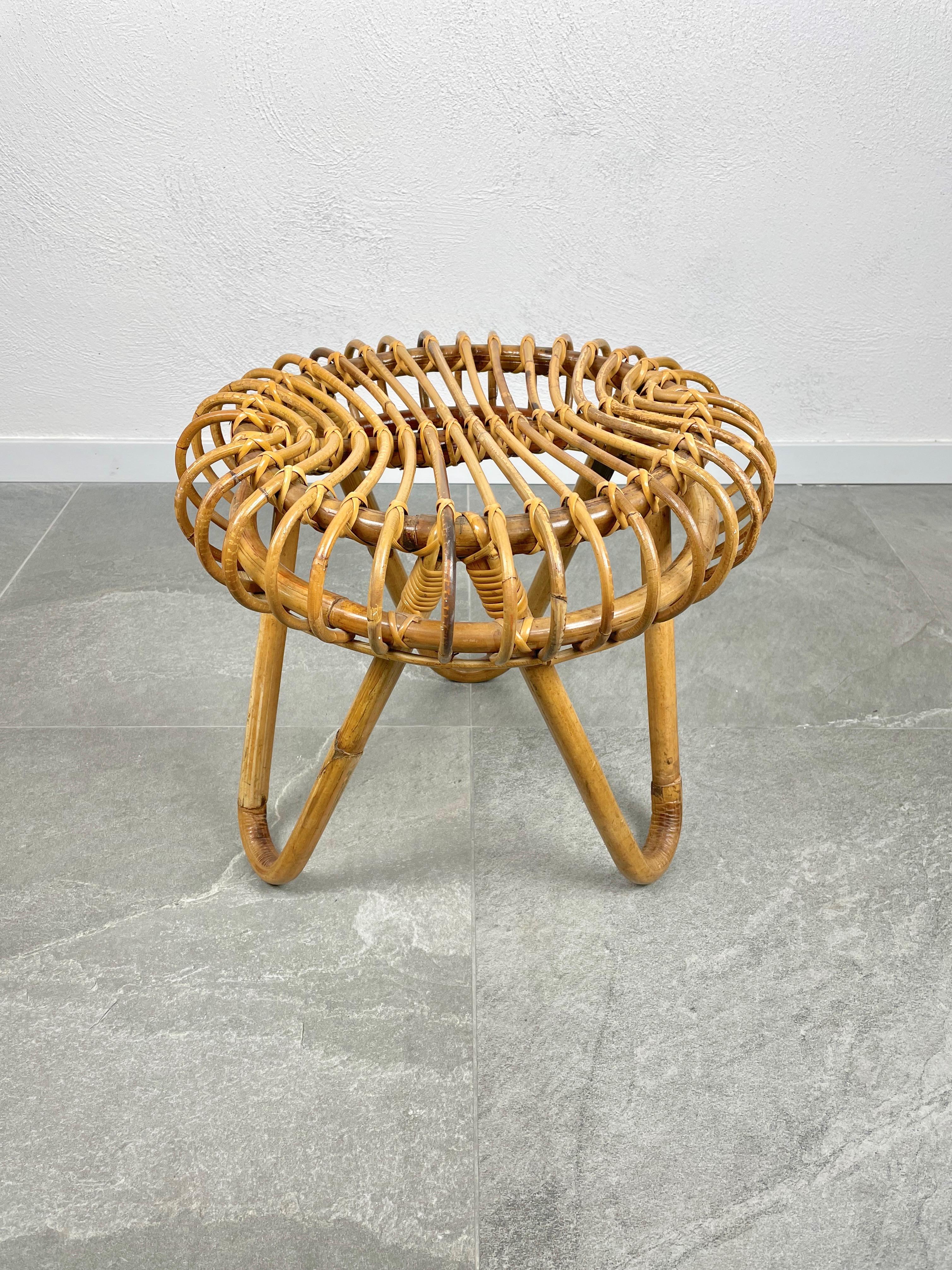 Mid-Century Modern stool in rattan and bamboo made in Italy in the 1960s.