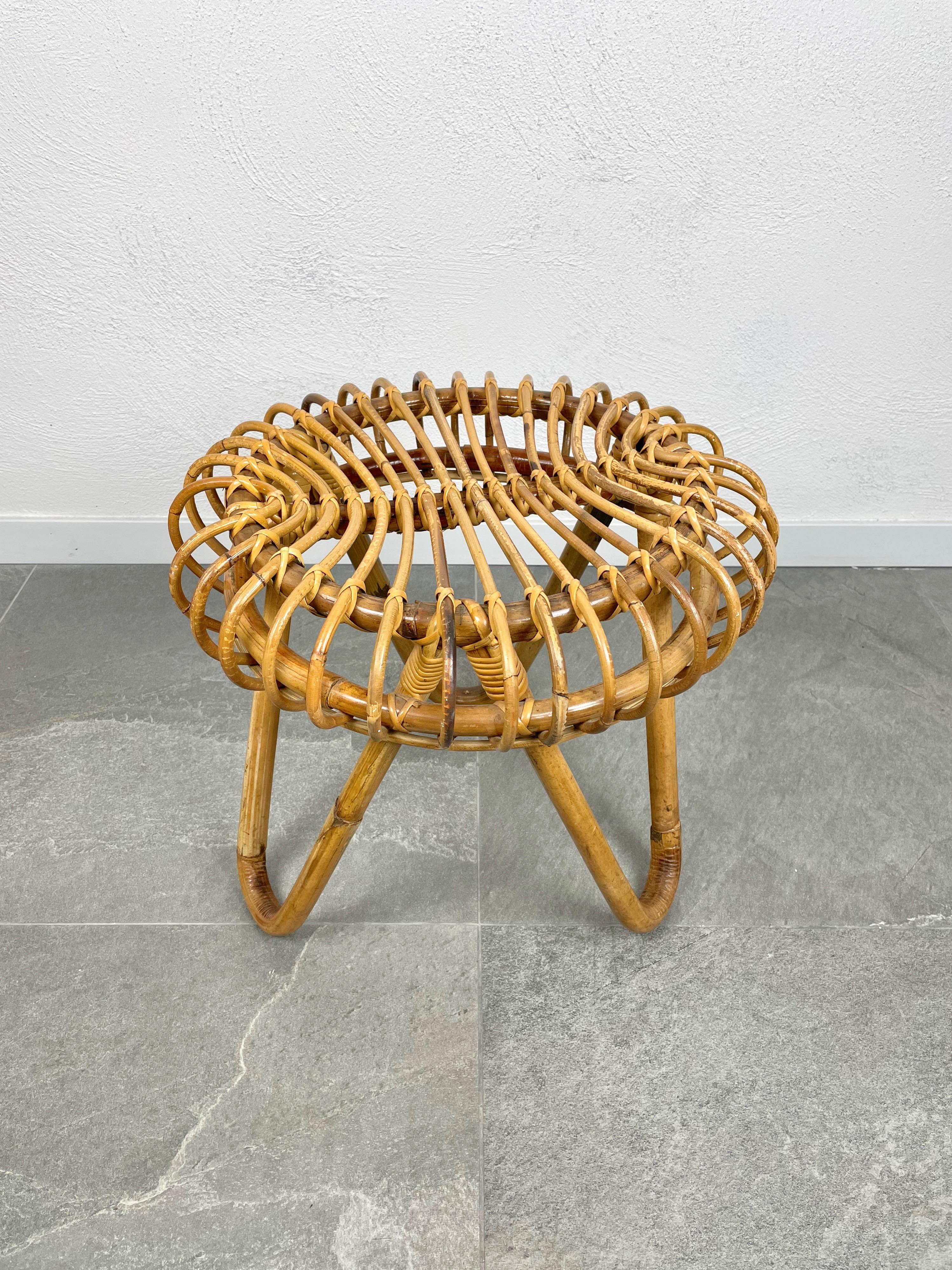 Mid-Century Modern Rattan and Bamboo Stool, Italy, 1960s In Good Condition In Rome, IT