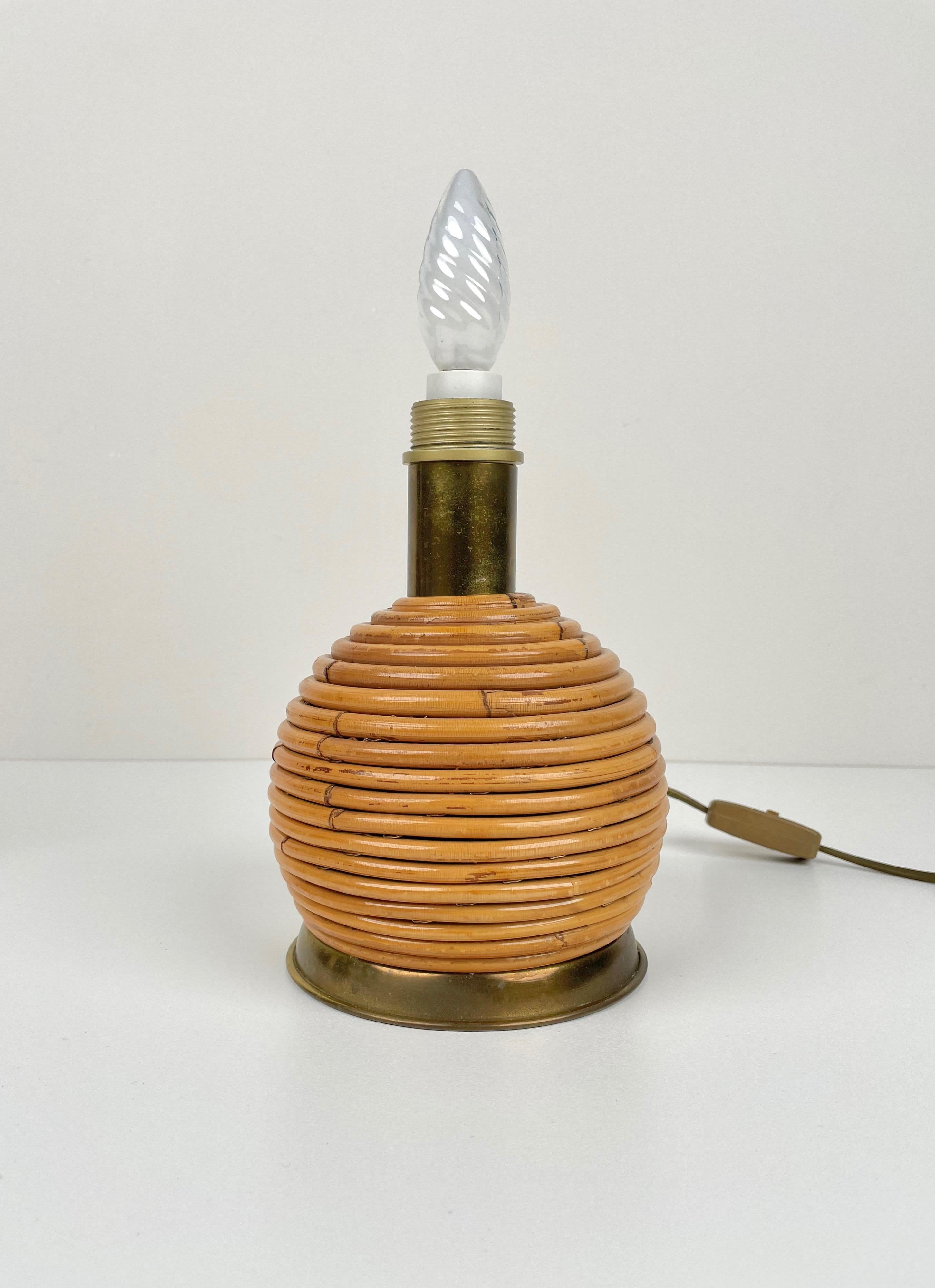 Italian Mid-Century Modern Rattan and Brass Globe Table Lamp, Italy, 1970s