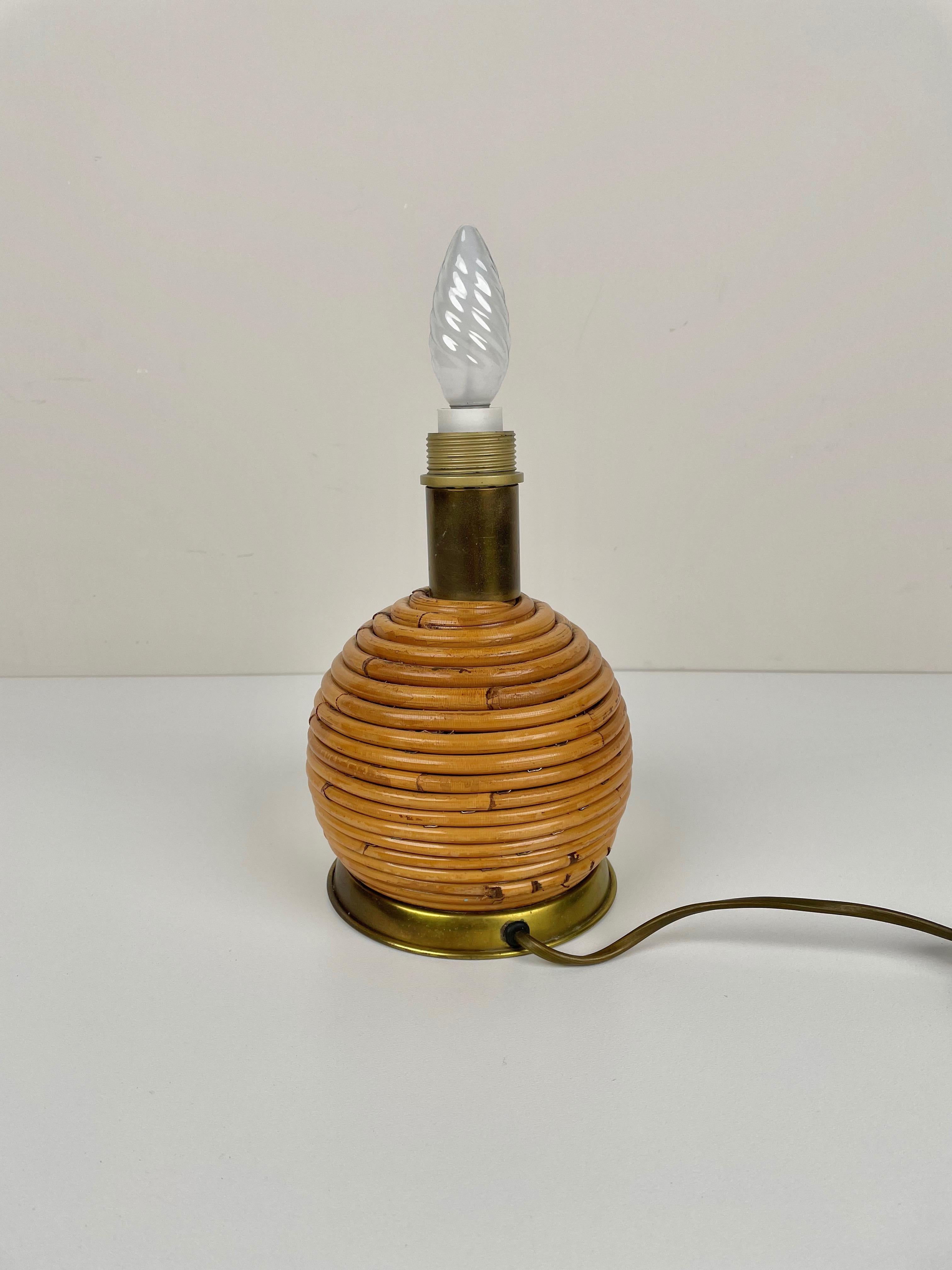 Mid-Century Modern Rattan and Brass Globe Table Lamp, Italy, 1970s 1