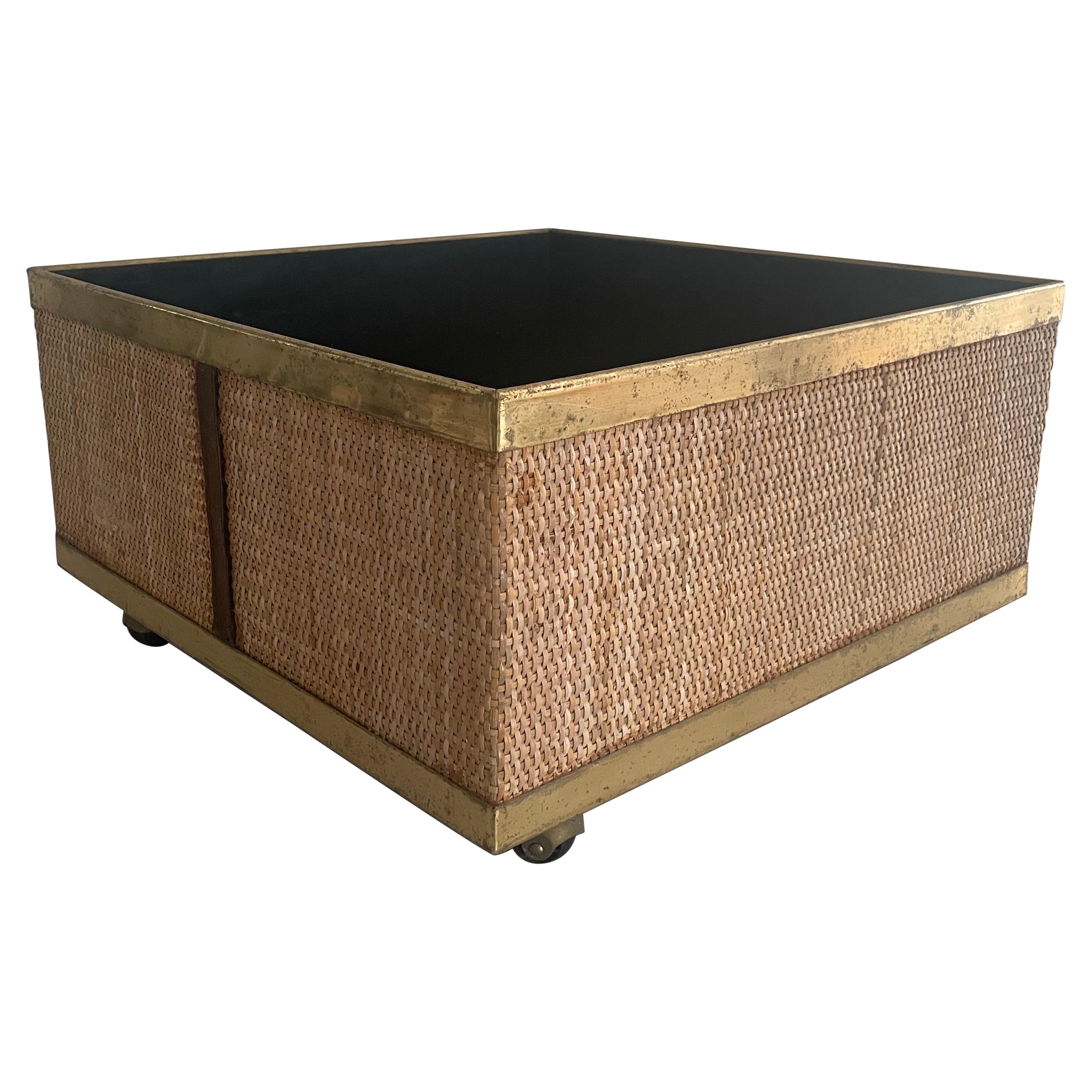 Mid-century Modern Rattan and Brass Large Planter Box with Wheels, 1970s, Italy For Sale