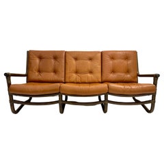 Mid-Century Modern Rattan and Cognac Leather Sofa, Italy 1970s