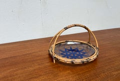 Mid-Century Modern Rattan and Glass Bowl, Blue Floral Pattern, Finland, 1960s