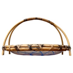 Mid-Century Modern Rattan and Glass Bowl, Blue Floral Pattern, Finland, 1960s
