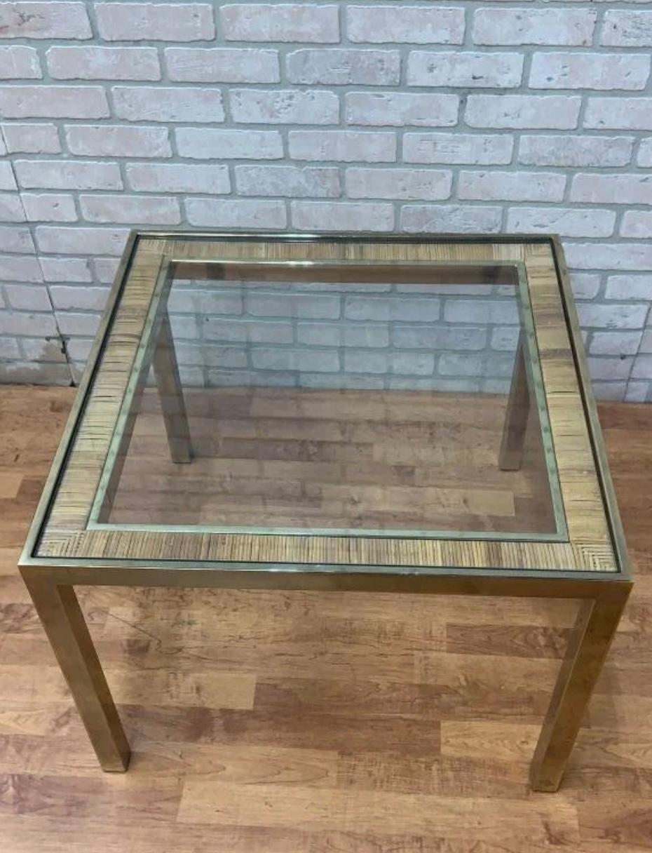 Mid-Century Modern Mid Century Modern Rattan and Gold Brass Glass Top Side Table For Sale