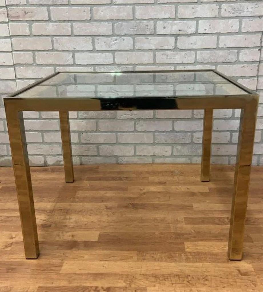 Hand-Crafted Mid Century Modern Rattan and Gold Brass Glass Top Side Table For Sale