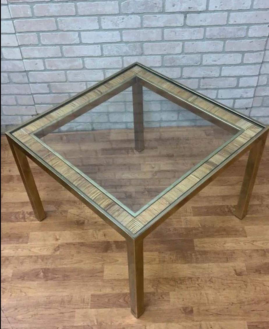 Late 20th Century Mid Century Modern Rattan and Gold Brass Glass Top Side Table For Sale
