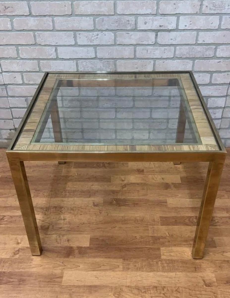 Mid Century Modern Rattan and Gold Brass Glass Top Side Table For Sale 1