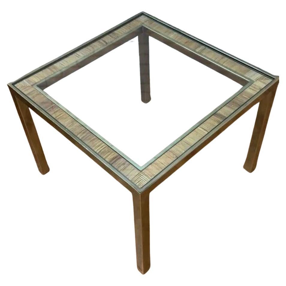 Mid Century Modern Rattan and Gold Brass Glass Top Side Table For Sale