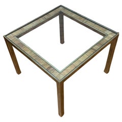 Vintage Mid Century Modern Rattan and Gold Brass Glass Top Side Table