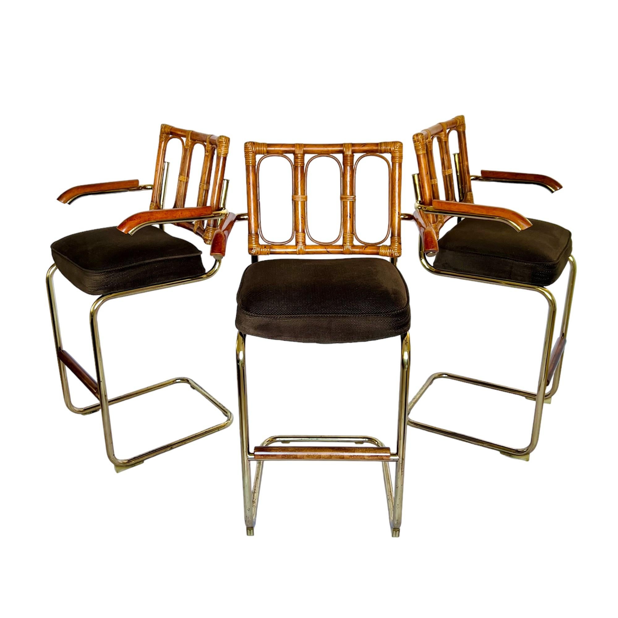 American Mid-Century Modern Rattan and Tubular Brass Cantilever Bar Stools, Set of 3 For Sale