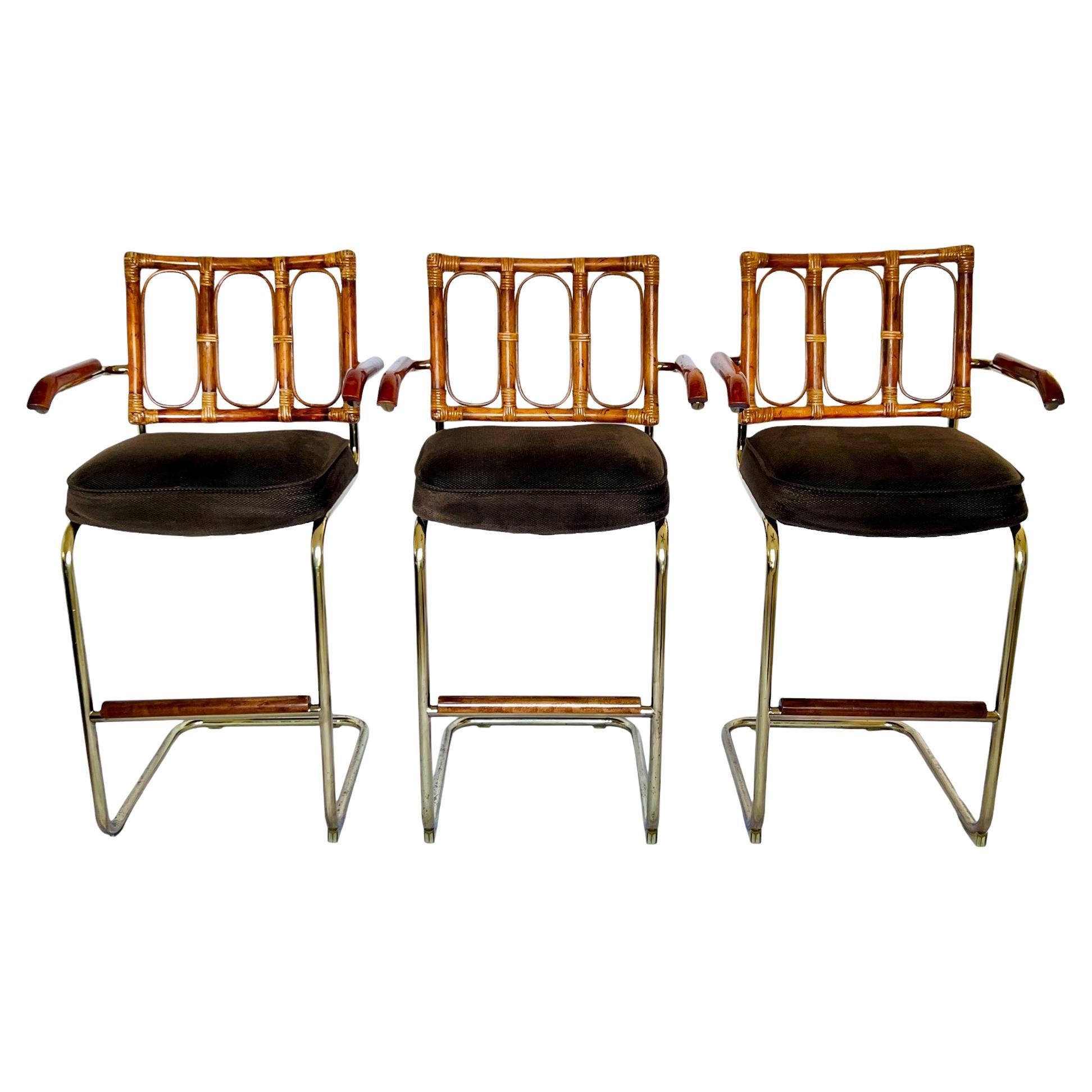 Mid-Century Modern Rattan and Tubular Brass Cantilever Bar Stools, Set of 3 For Sale