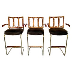 Used Mid-Century Modern Rattan and Tubular Brass Cantilever Bar Stools, Set of 3