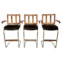 Mid-Century Modern Rattan and Tubular Brass Cantilever Bar Stools, Set of 3