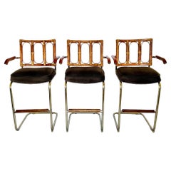 Mid-Century Modern Rattan and Tubular Brass Cantilever Bar Stools, Set of 3