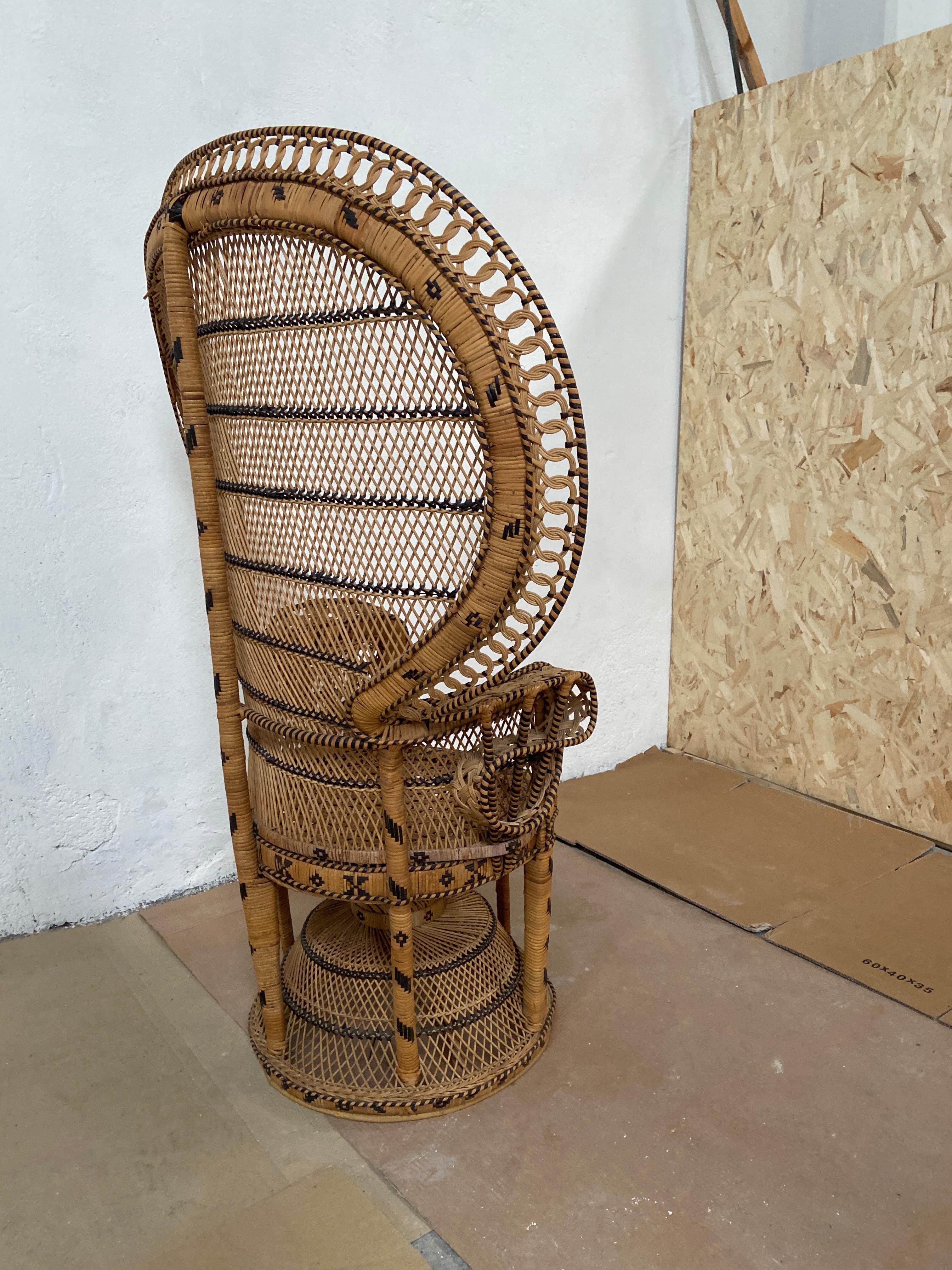 French Mid-Century Modern Rattan and Wicker Peacock Emanuelle Chair, 1970s