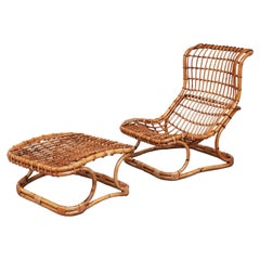 Mid-Century Modern Rattan Armchair and Footrest, 1960s