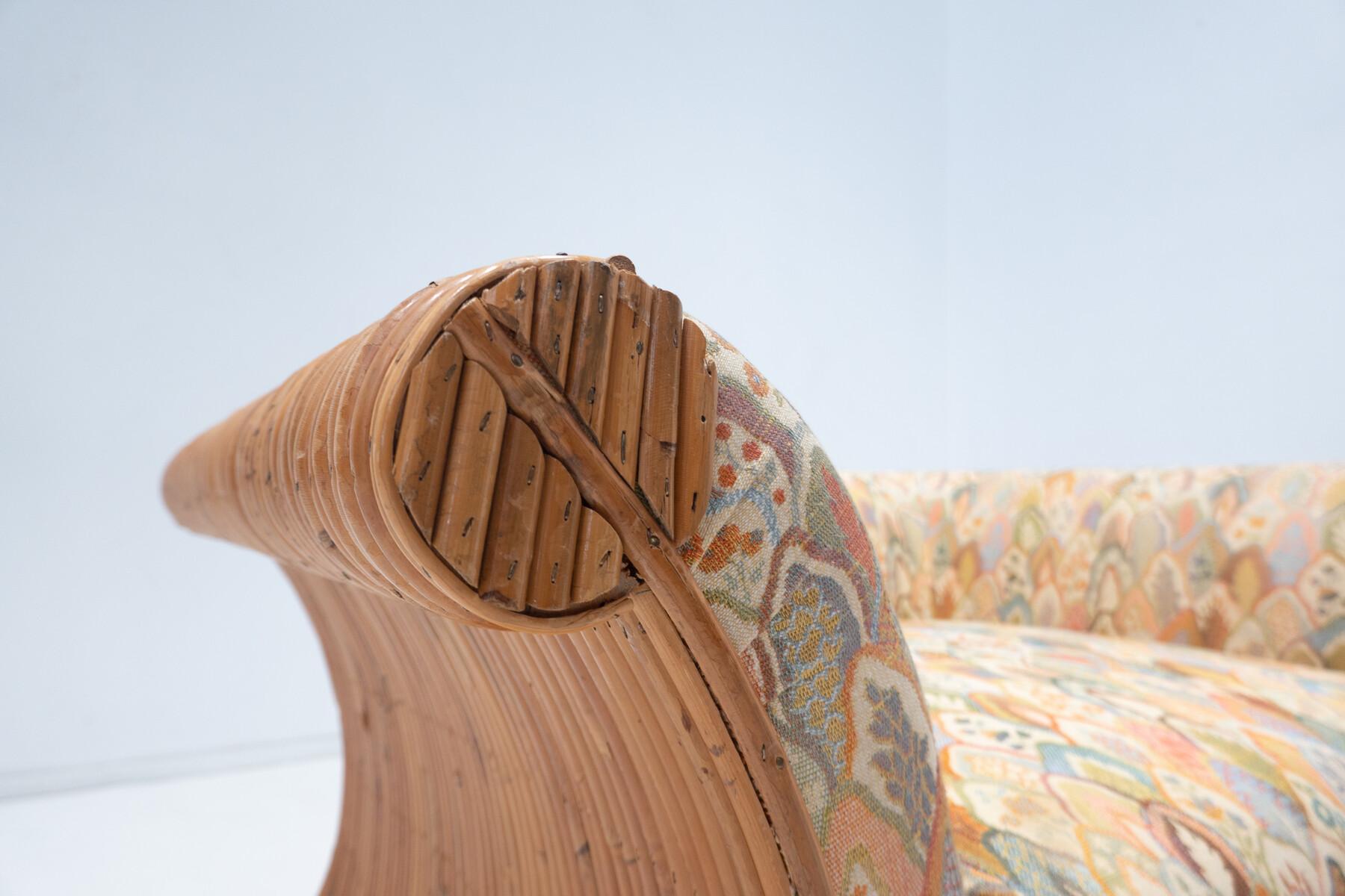 Mid-Century Modern Rattan armchair, orignal fabric, Italy.