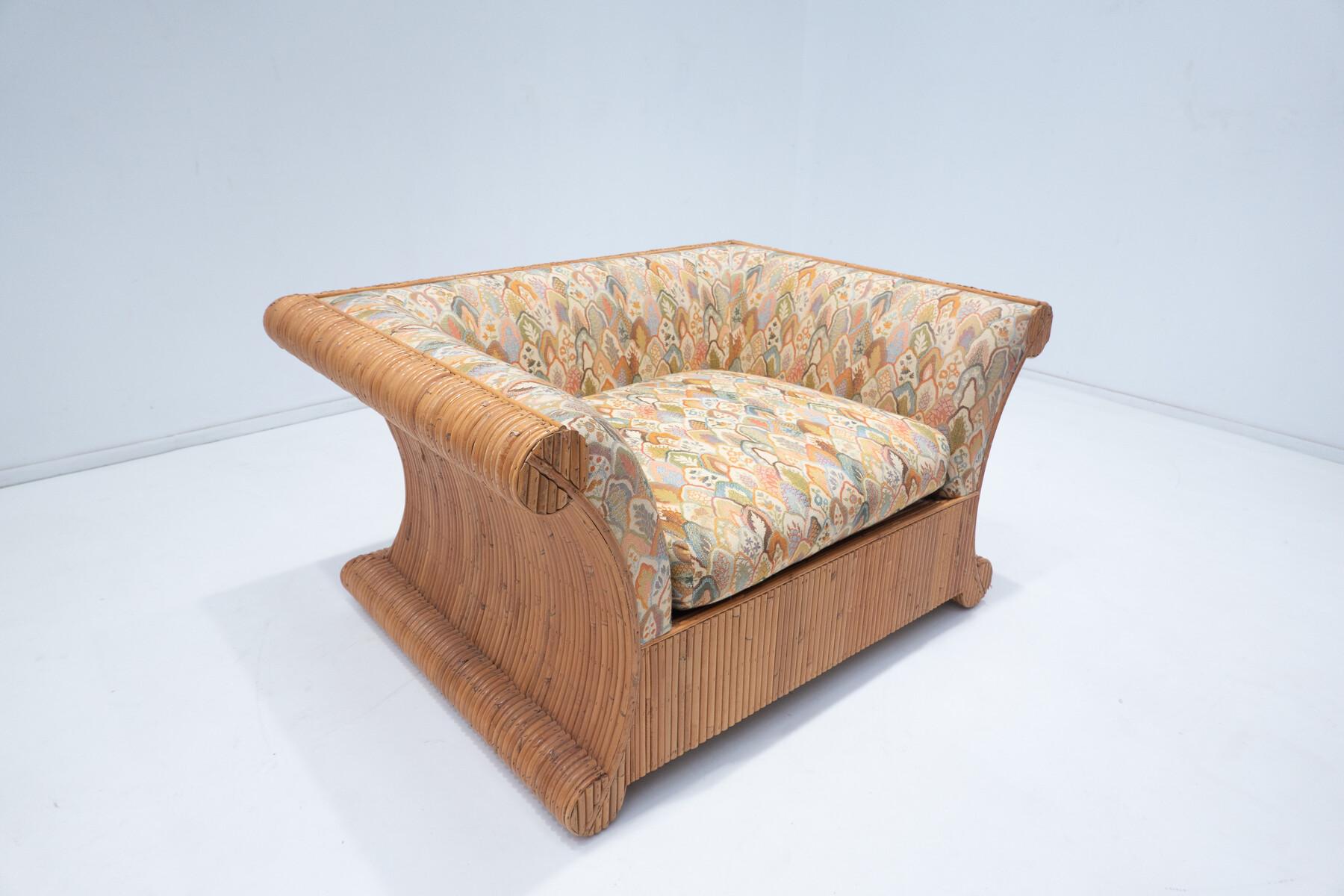 Italian Mid-Century Modern Rattan Armchair, Orignal Fabric, Italy For Sale