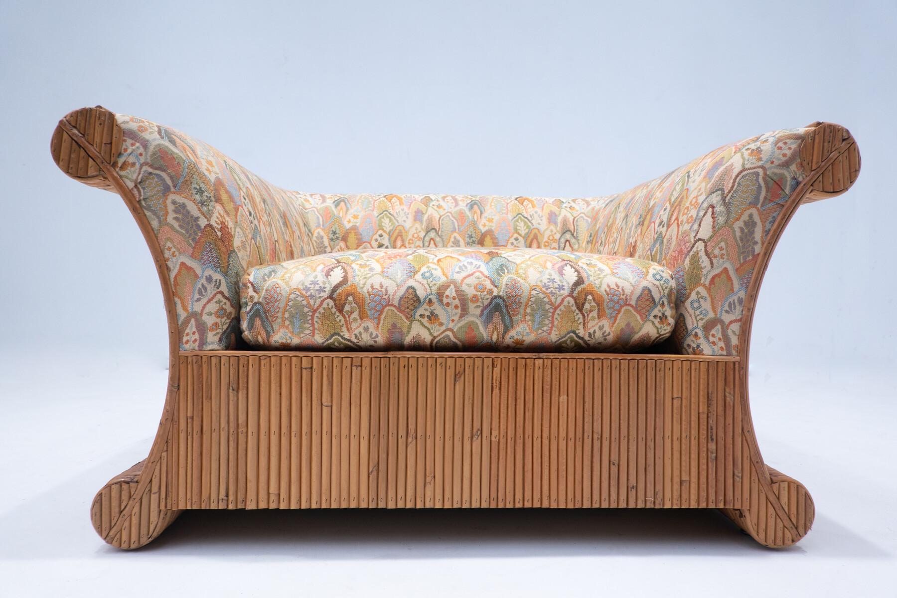 Sillón Moderno de Ratán de Mediados de Siglo, Tela Orignal, Italia en Bueno estado para la venta en Brussels, BE