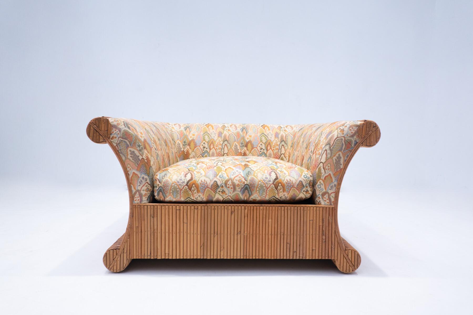 Mid-Century Modern Rattan Armchair, Orignal Fabric, Italy For Sale 1