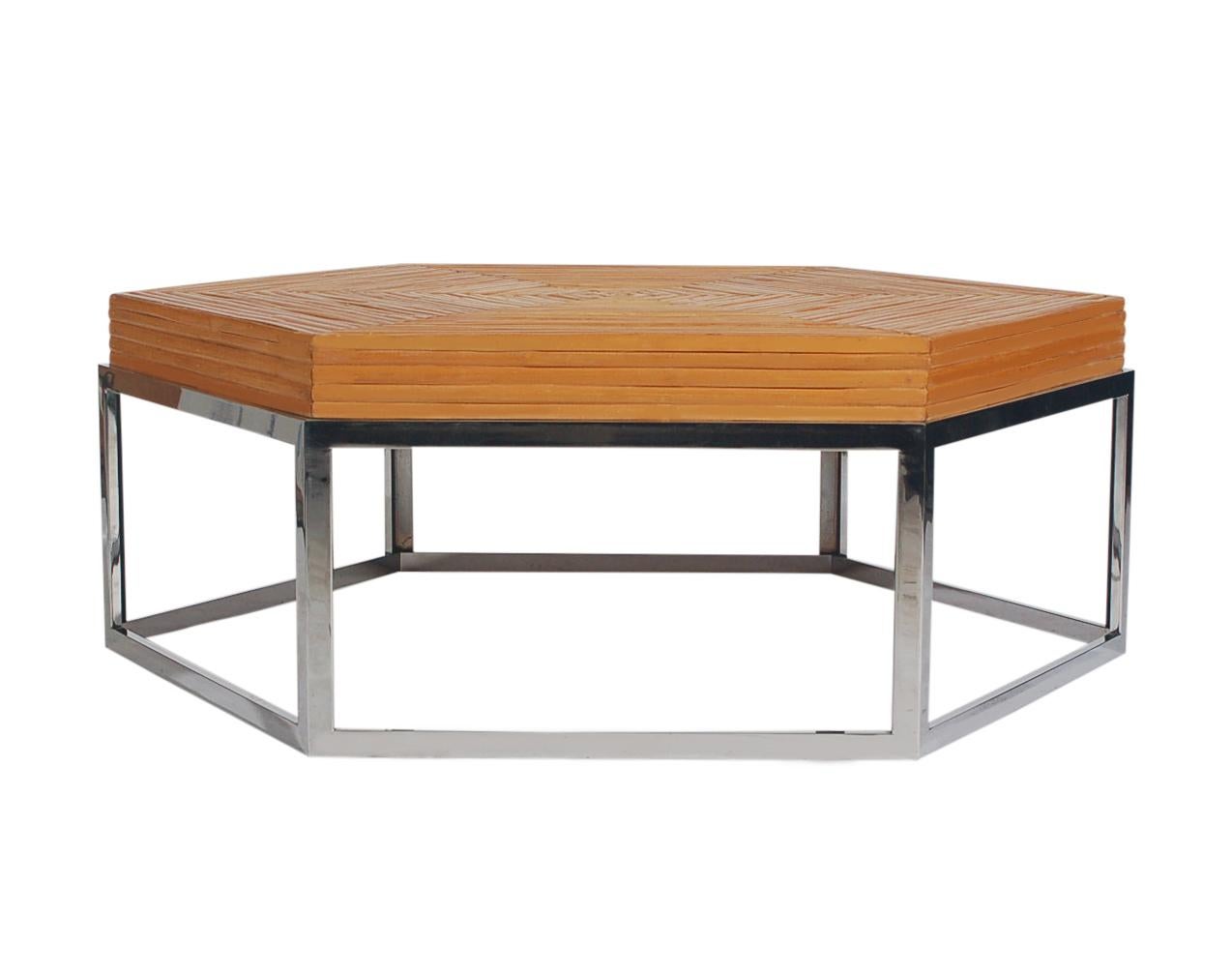 American Mid-Century Modern Rattan Bamboo and Chrome Hexagonal Cocktail Table For Sale