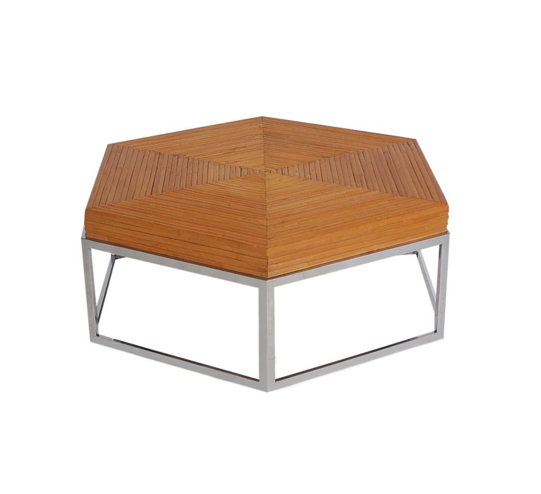 Late 20th Century Mid-Century Modern Rattan Bamboo and Chrome Hexagonal Cocktail Table For Sale