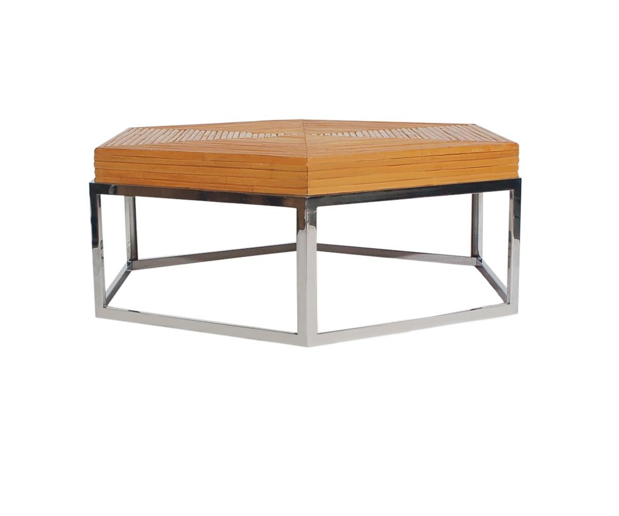 Mid-Century Modern Rattan Bamboo and Chrome Hexagonal Cocktail Table For Sale 1