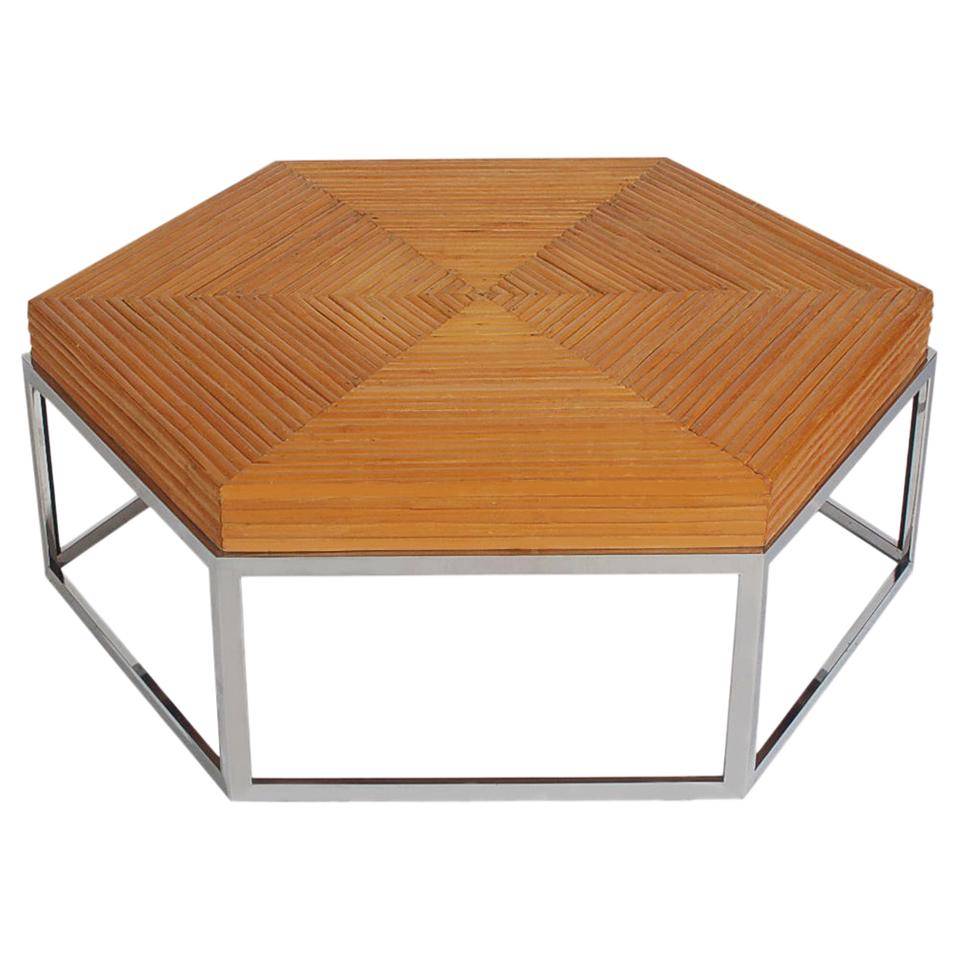 Mid-Century Modern Rattan Bamboo and Chrome Hexagonal Cocktail Table