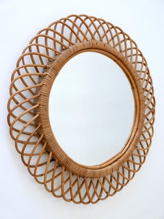 Mid-Century Modern Rattan & Bamboo Circular Wall Mirror Italy 1960s