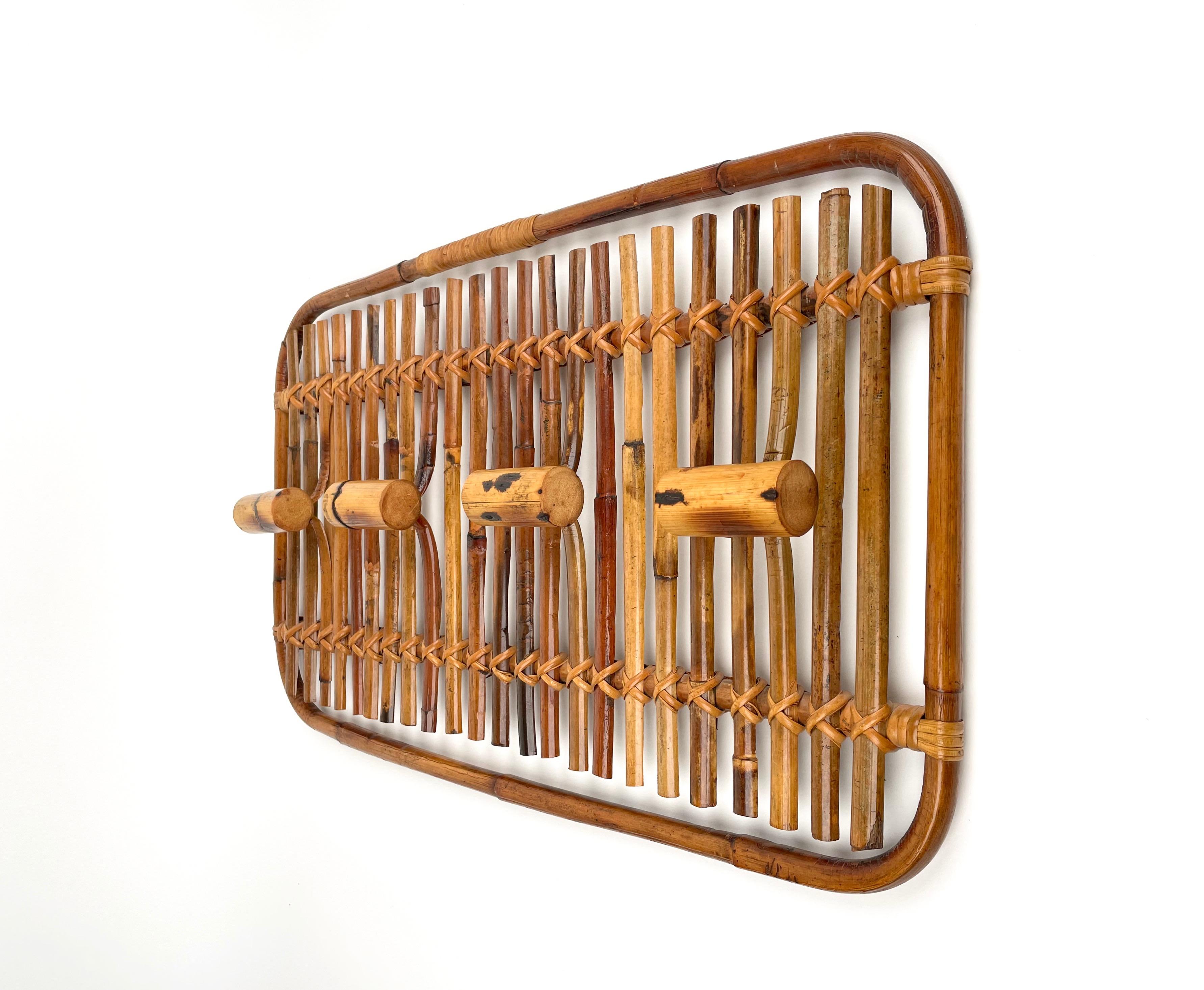 Italian Mid-Century Modern Rattan & Bamboo Coat Rack Stand Hanger, Italy, 1960s For Sale