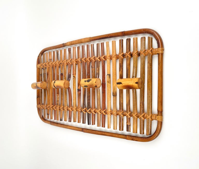 Mid-Century Modern Rattan & Bamboo Coat Rack Stand Hanger, Italy, 1960s In Good Condition For Sale In Rome, IT
