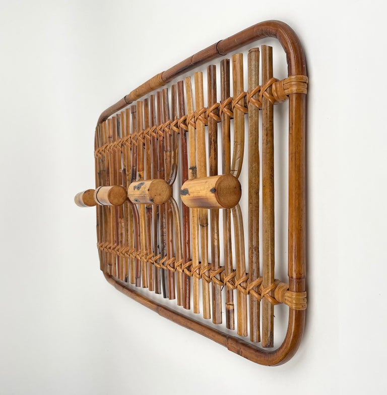 Mid-20th Century Mid-Century Modern Rattan & Bamboo Coat Rack Stand Hanger, Italy, 1960s For Sale