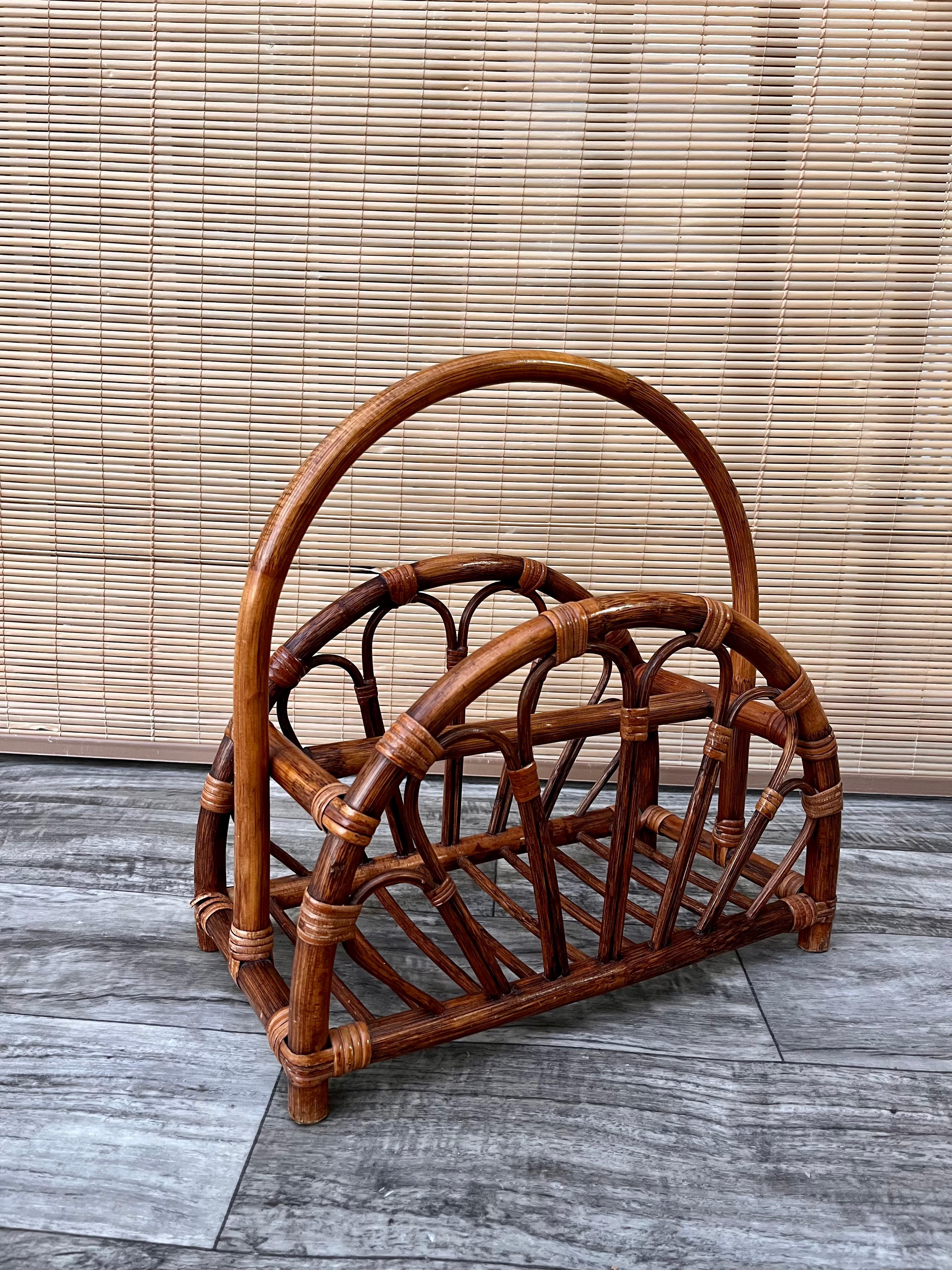 Indonesian Mid-Century Modern Rattan Bamboo Magazine Rack in the Style of Franco Albini For Sale