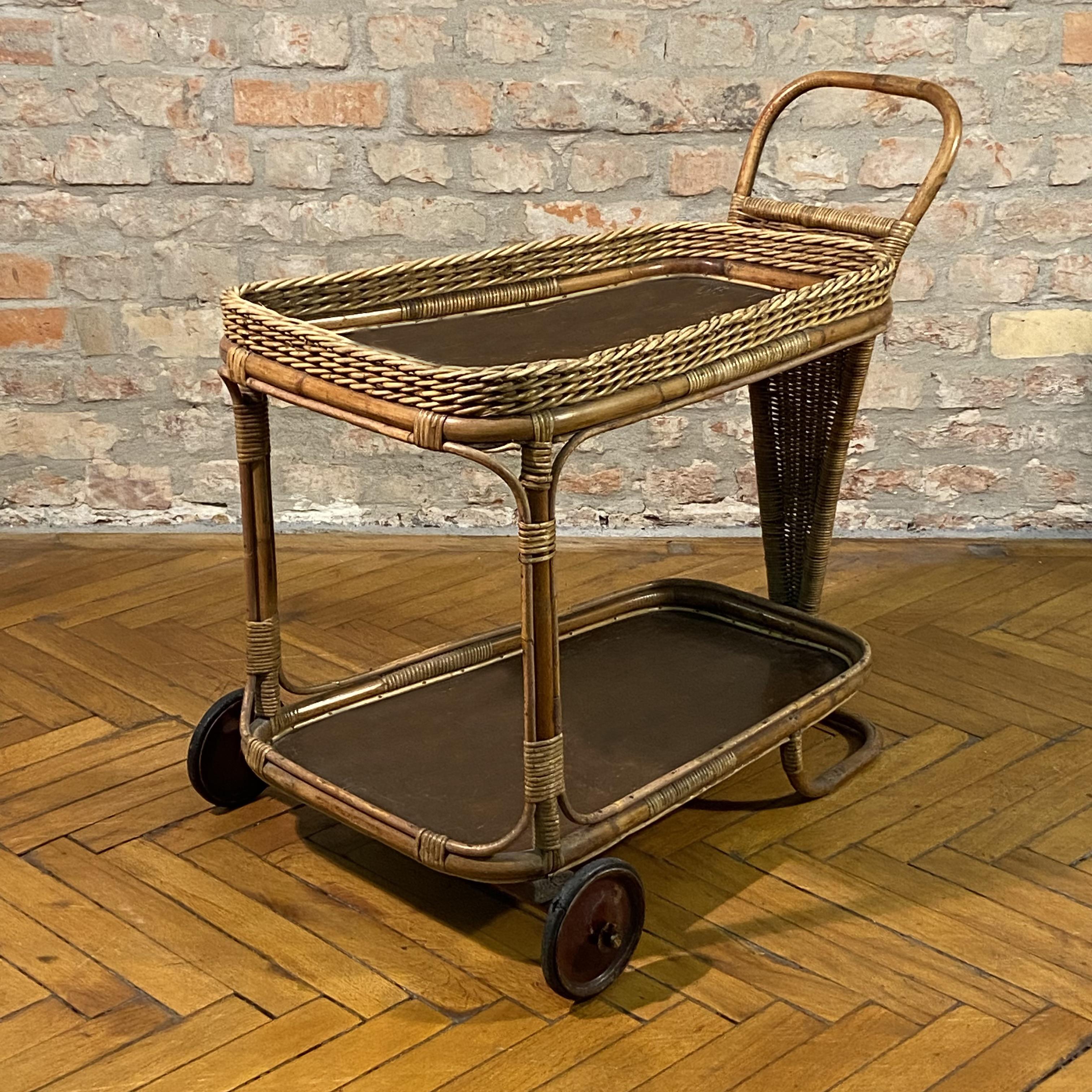 Mid-Century moderno Carrello da bar in rattan di metà secolo nello stile di Franco Albini, Italia anni '50 in vendita