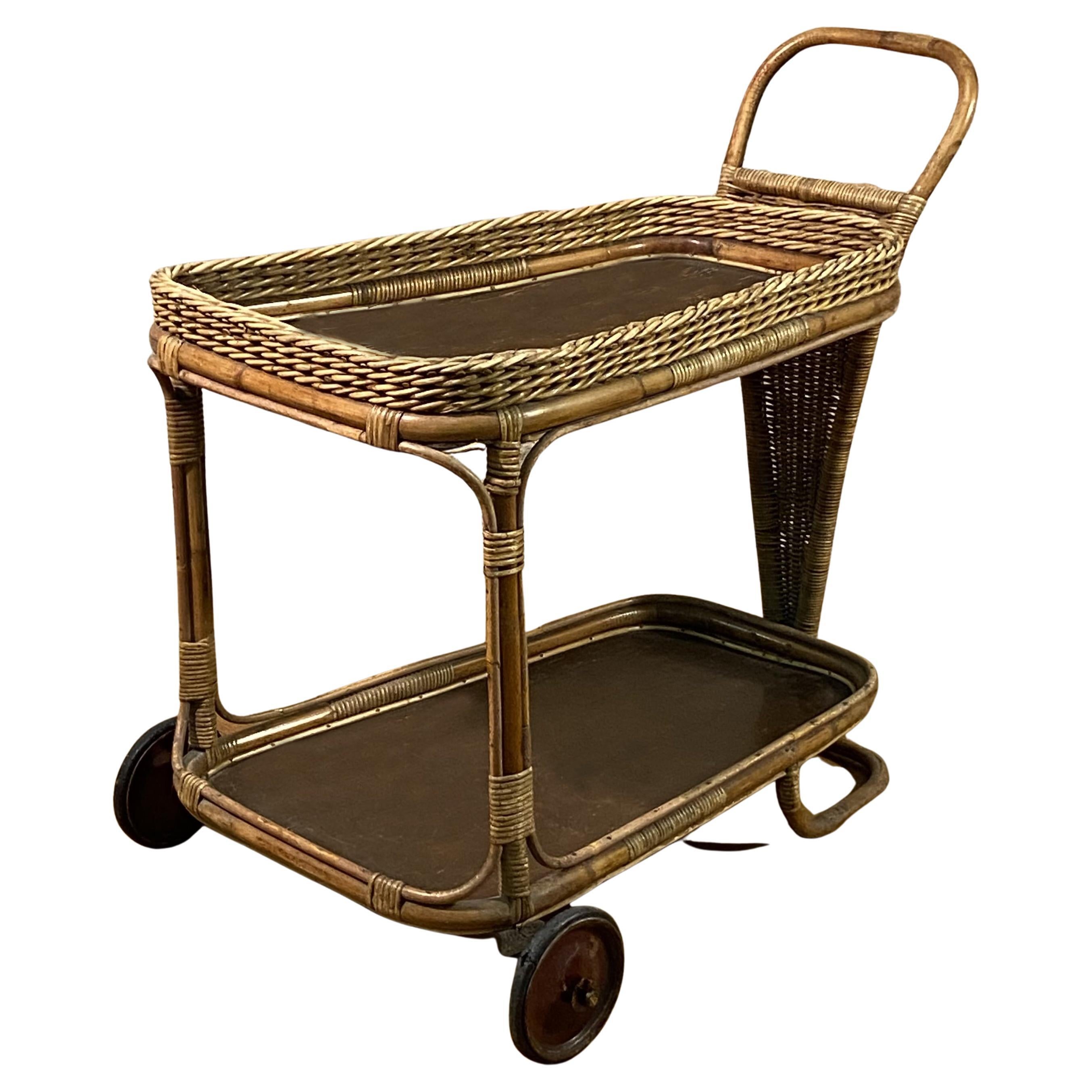 Carrello da bar in rattan di metà secolo nello stile di Franco Albini, Italia anni '50 in vendita