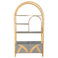 Mid Century Modern Rattan Brass Glass and MIrrored Etagere Display Shelf