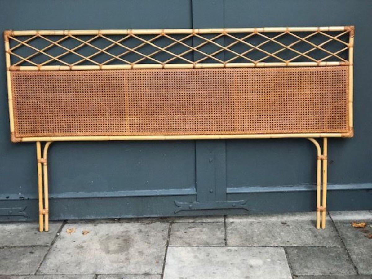 Hand-Crafted Mid-Century Modern Rattan / Cane Super King Headboard, Italian, 1970s For Sale