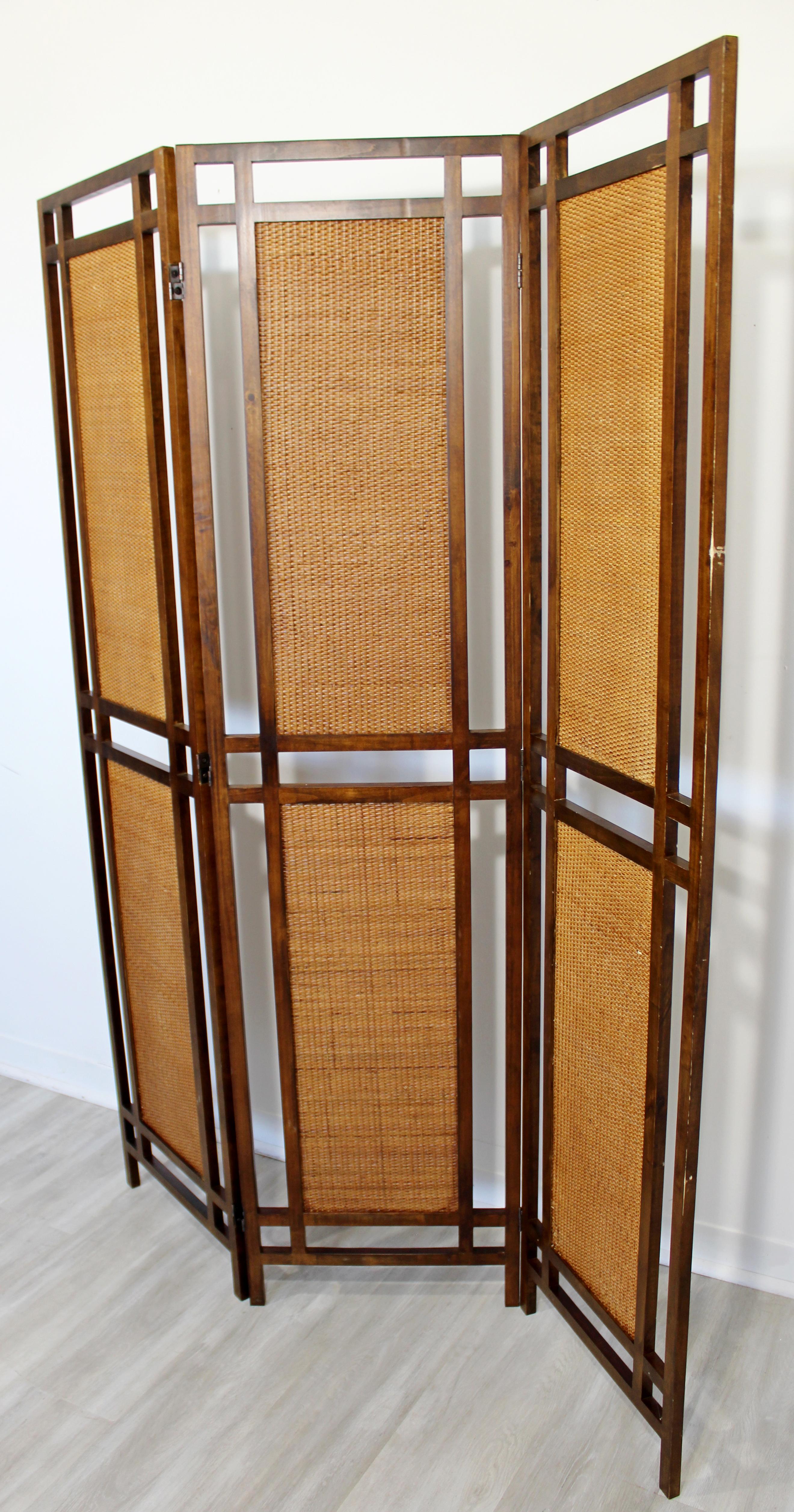 Mid-Century Modern Rattan Cane & Walnut Wood 3 Panel Room Divider Screen 1960s 3