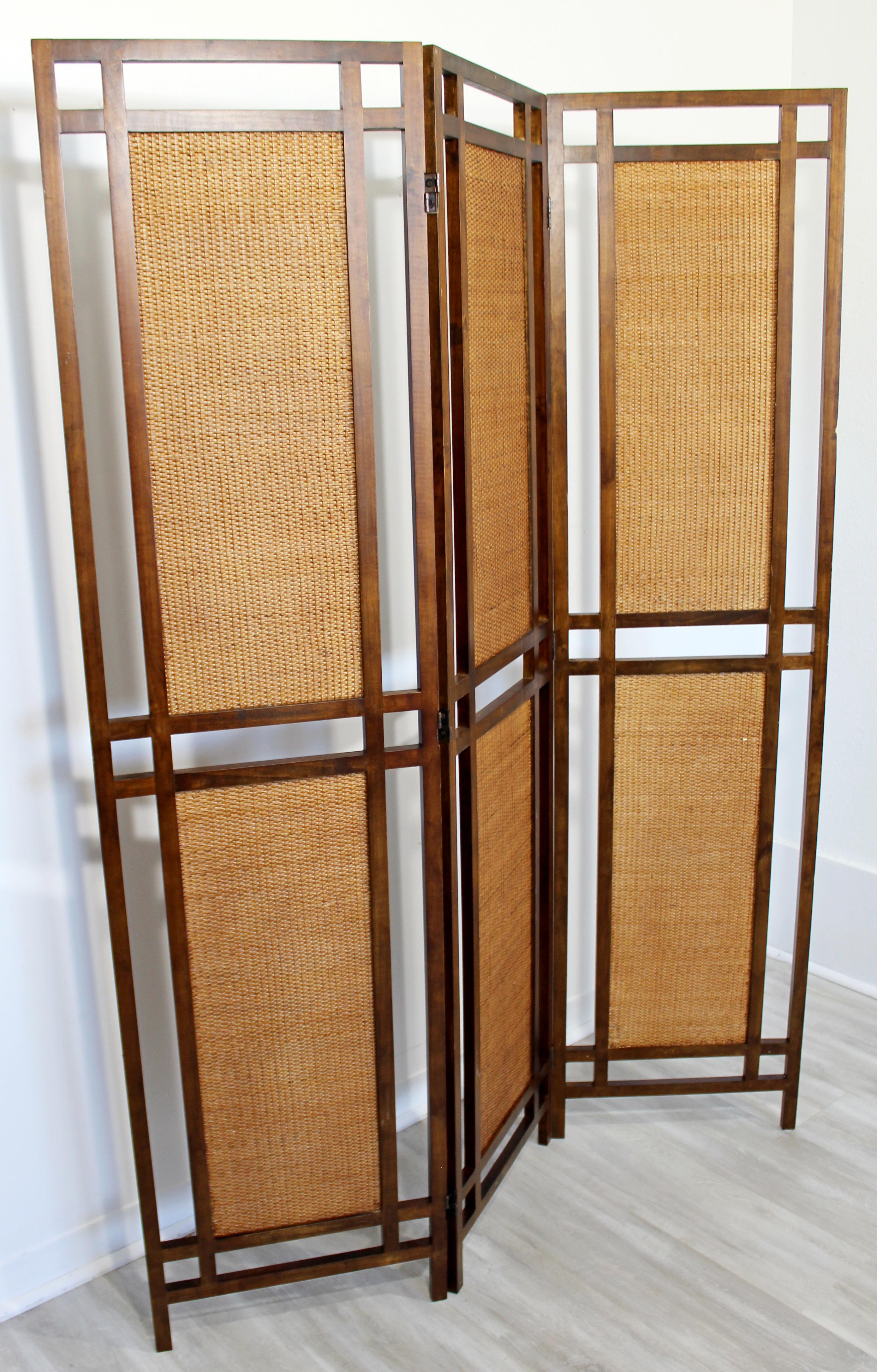 Mid-Century Modern Rattan Cane & Walnut Wood 3 Panel Room Divider Screen 1960s 5