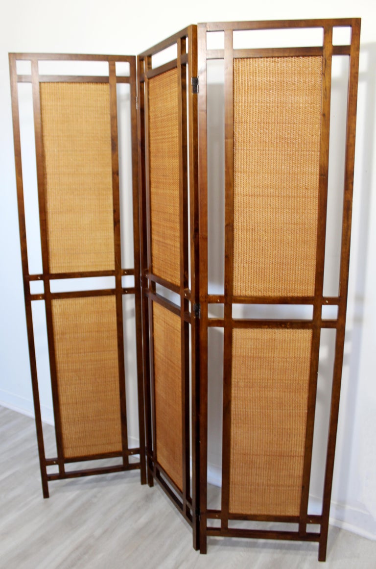 MidCentury Modern Rattan Cane and Walnut Wood 3 Panel Room Divider Screen 1960s at 1stDibs 3