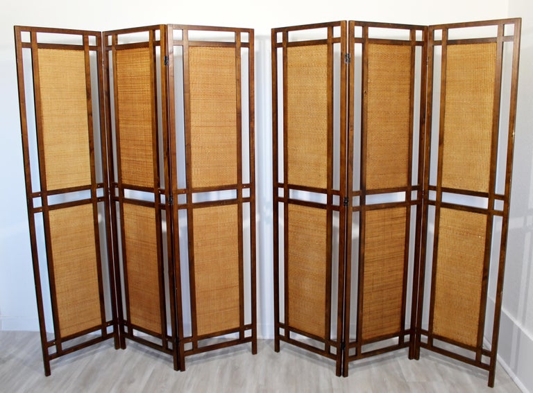 MidCentury Modern Rattan Cane and Walnut Wood 3 Panel Room Divider