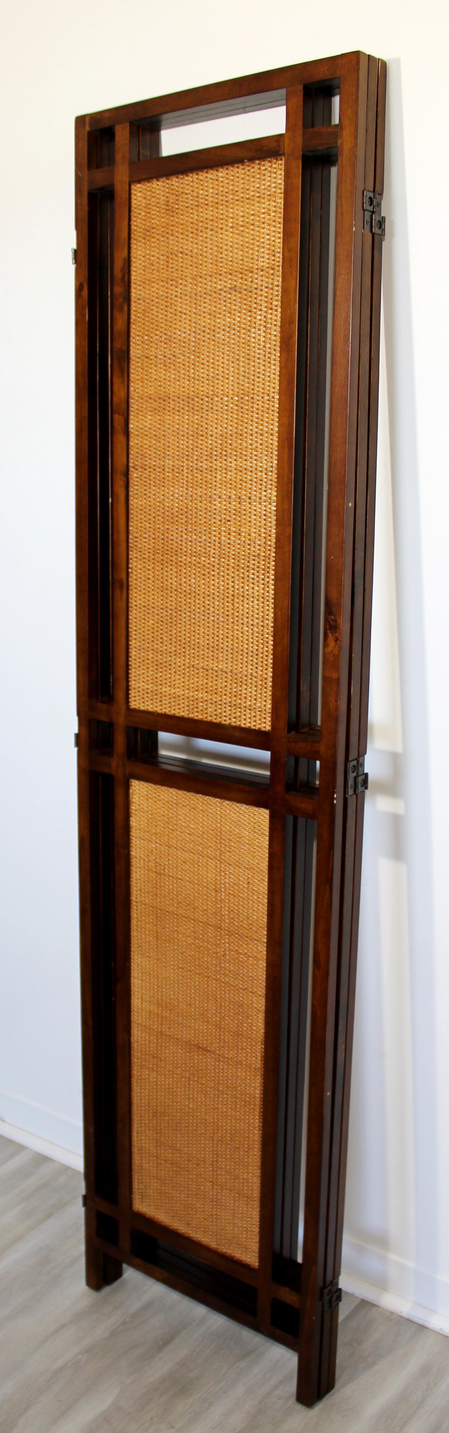 Mid-Century Modern Rattan Cane & Walnut Wood 3 Panel Room Divider Screen 1960s 1