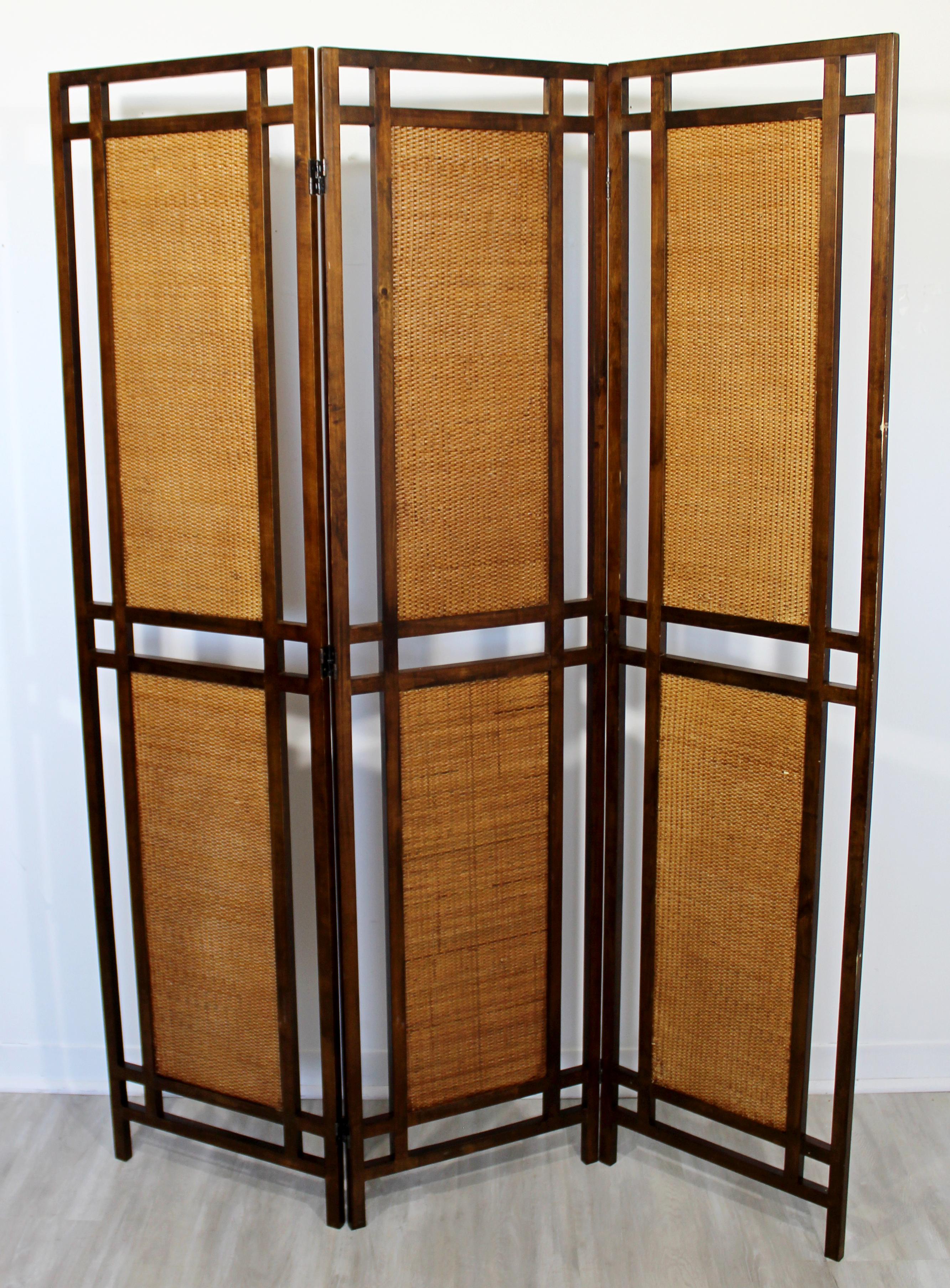 Mid-Century Modern Rattan Cane & Walnut Wood 3 Panel Room Divider Screen 1960s 2