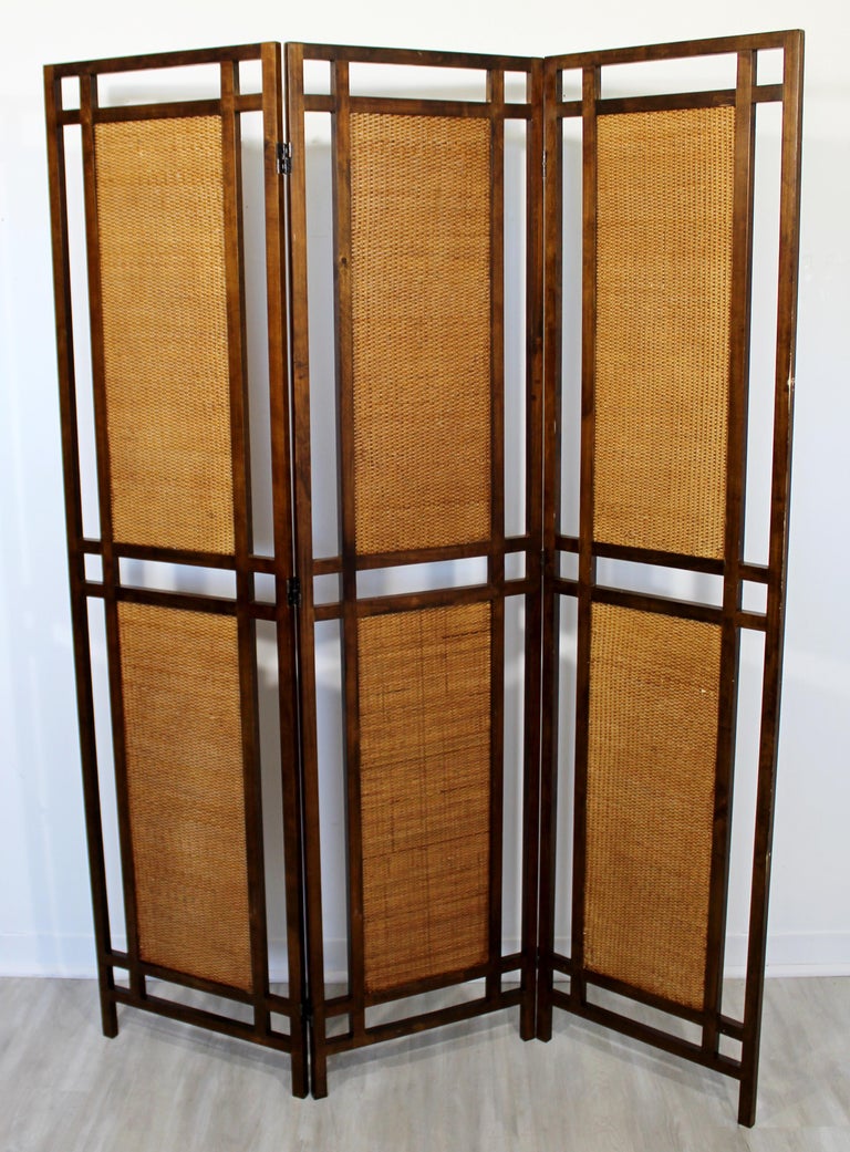 MidCentury Modern Rattan Cane and Walnut Wood 3 Panel Room Divider Screen 1960s at 1stDibs 3