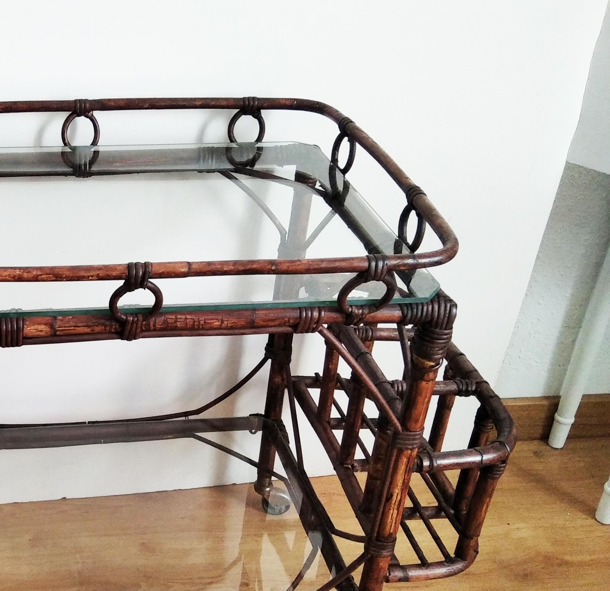 Spanish  Rattan Cart Bar, Mid-Century Modern 1950s For Sale