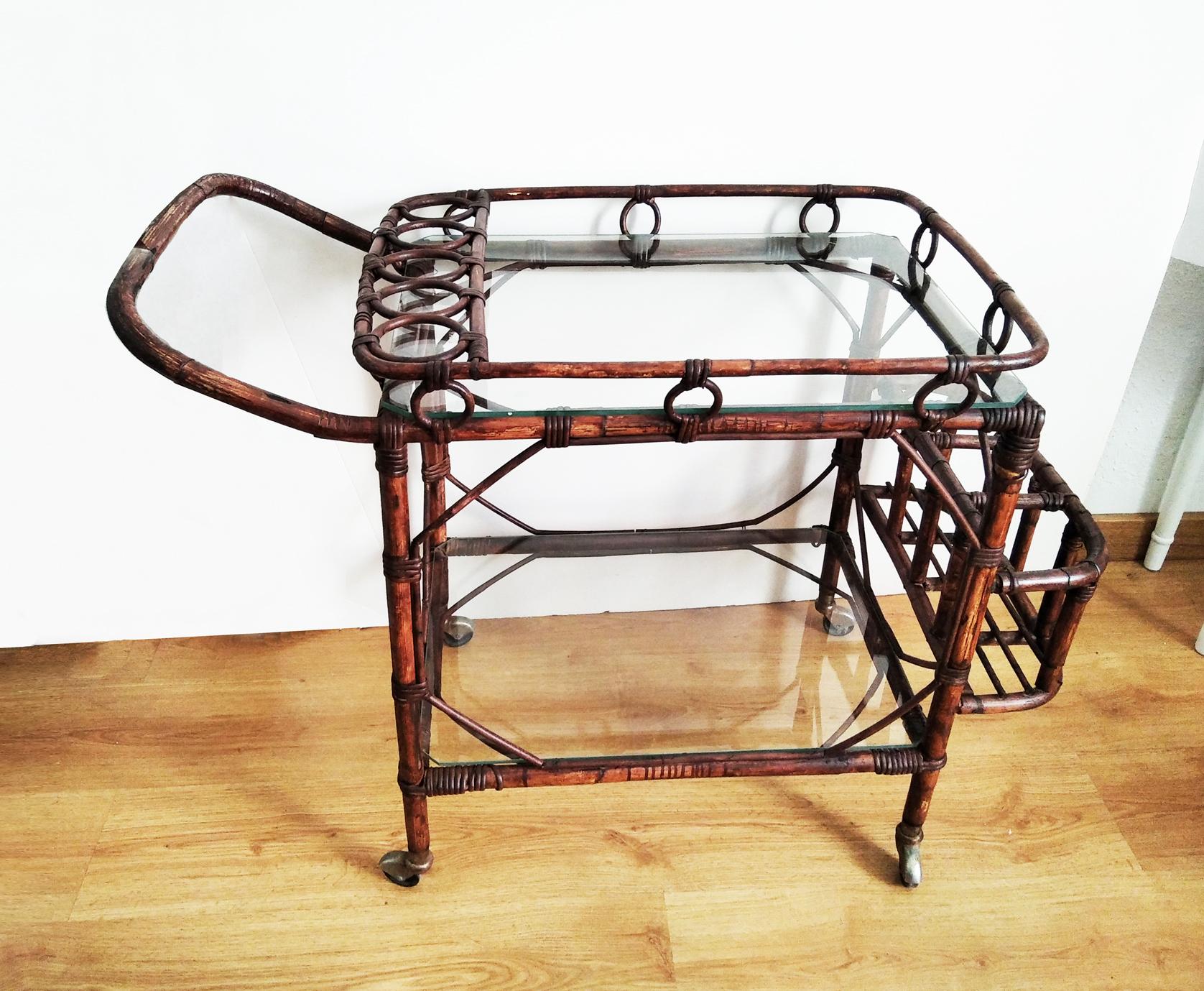  Rattan Cart Bar, Mid-Century Modern 1950s In Good Condition For Sale In Mombuey, Zamora