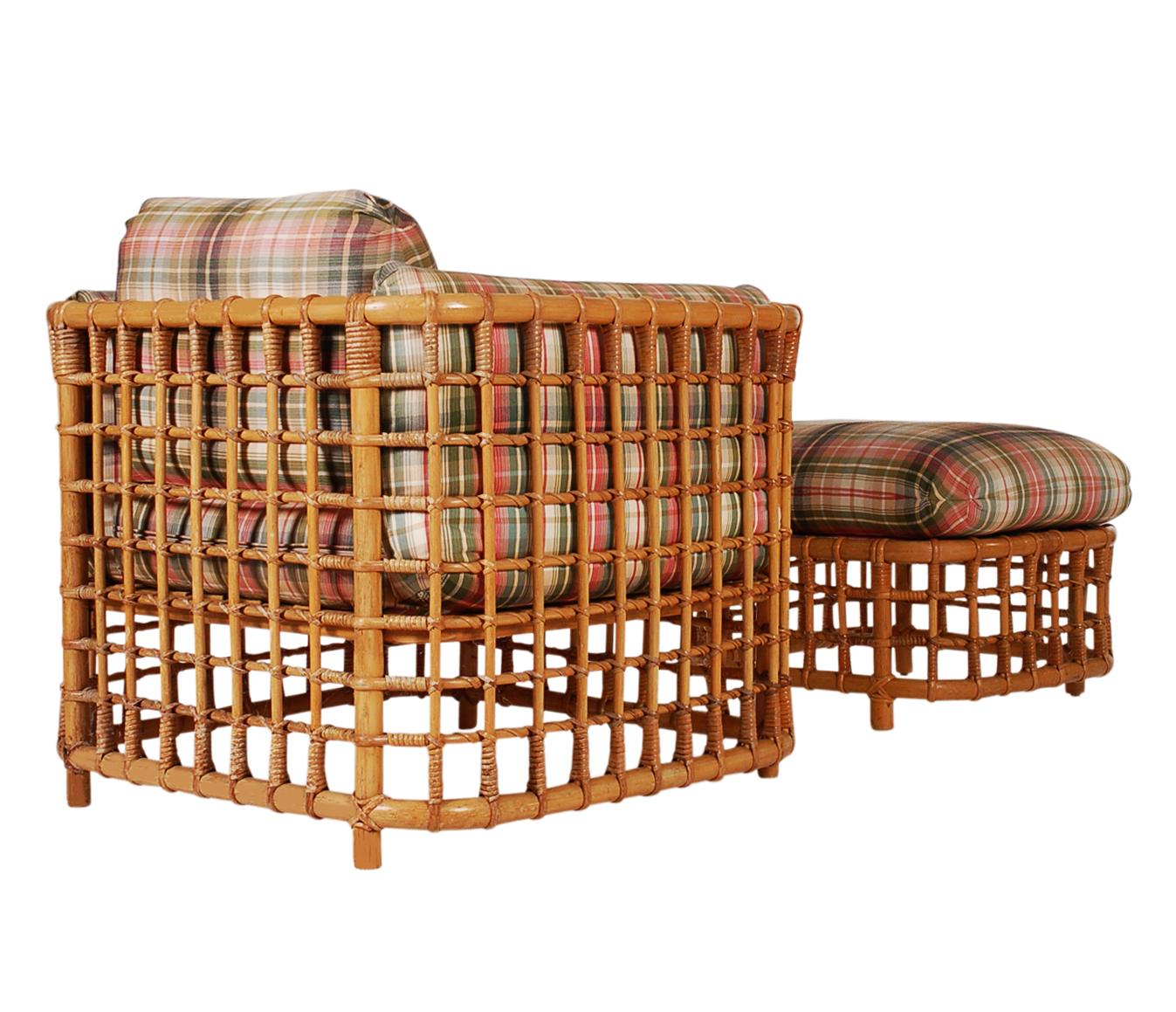 Mid Century Modern Rattan Cube Lounge Chair with Foot Stool by