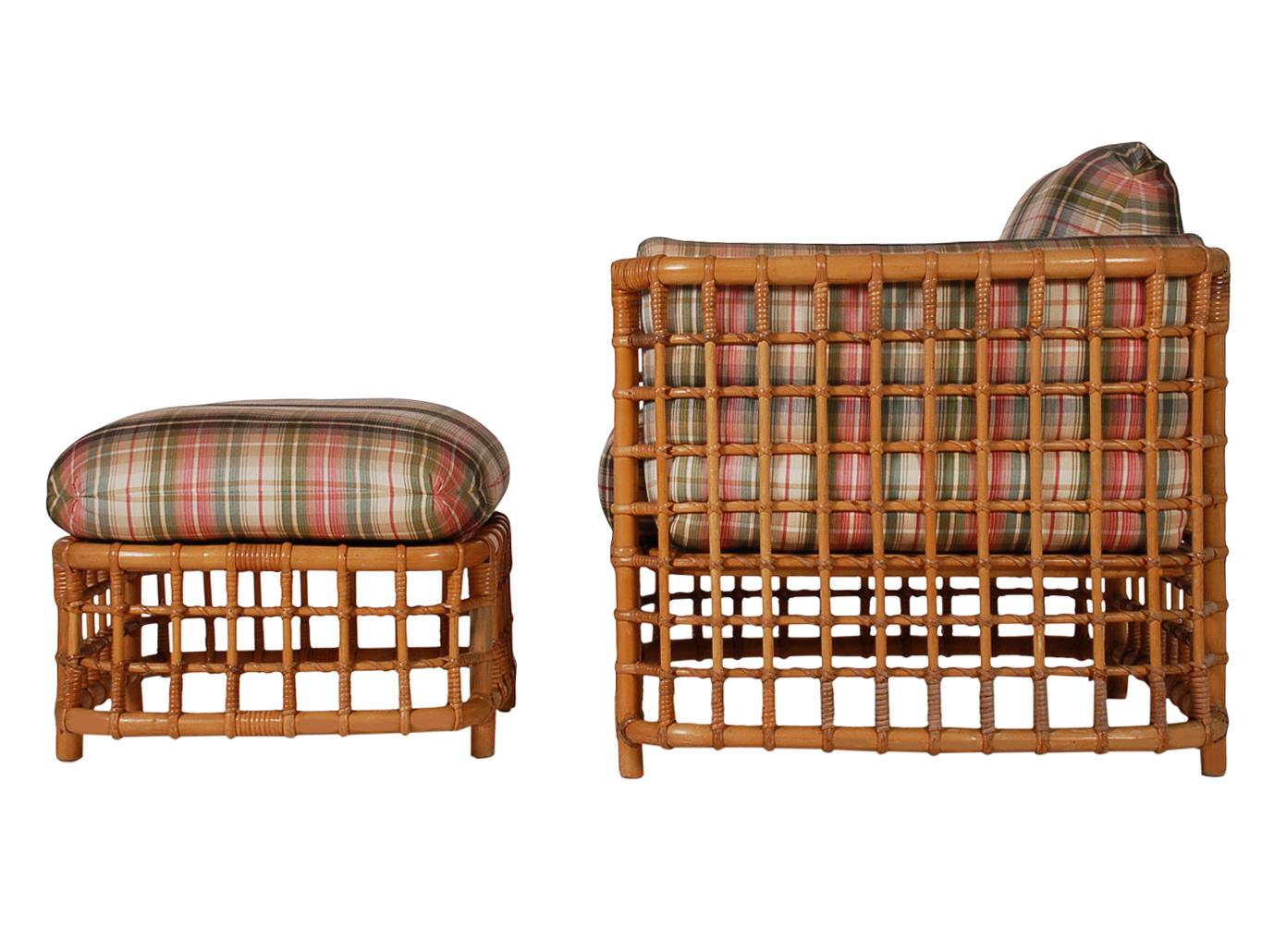 American Mid-Century Modern Rattan Cube Lounge Chair with Foot Stool by Willow & Reed  For Sale