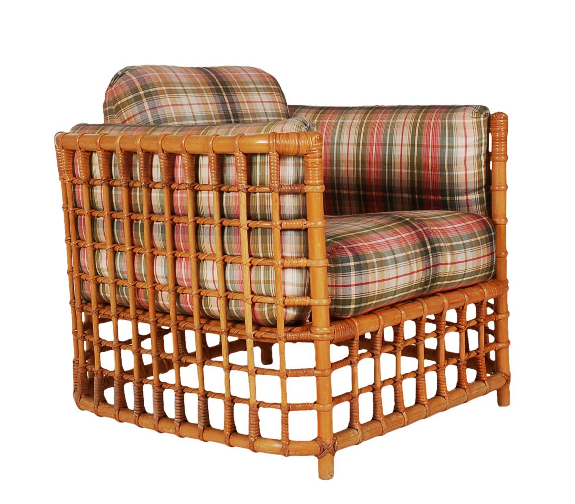 American Mid-Century Modern Rattan Cube Lounge Chair with Foot Stool by Willow & Reed  For Sale